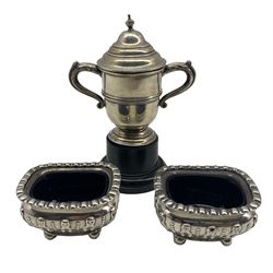 Pair of late Victorian rectangular silver salts Chester 1899 , small silver challenge cup and a baby's spoon and pusher 7oz