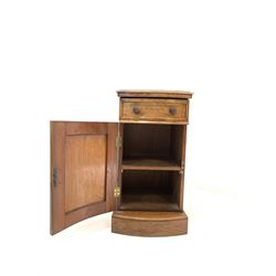 Victorian figured walnut bow front pedestal bedside cupboard, fitted with one drawer over cupboard door enclosing one shelf, W40cm, H75cm, D48cm
