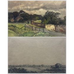Frederick (Fred) Cecil Jones (British 1891-1966): Windswept Landscape with Figure, watercolour signed 27cm x 36cm; and 'Distant View of York Minster', etching signed titled and dated 1940, 17cm x 25cm (2)