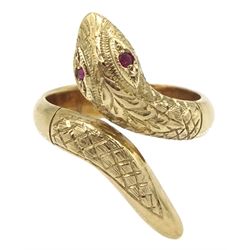 9ct gold snake ring, set with ruby eyes, stamped 375 with Birmingham assay mark
