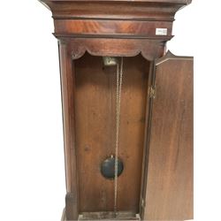 A late 18th century 30-hour  oak and mahogany longcase clock retailed by Henry Fisher, Preston, c1790, with a flat topped pediment and moulded cornice, square hood door flanked by two plain pillars with brass capitals, trunk with recessed quarter columns, three-quarter length trunk door with an ogee twin spire top and crossbanding, rectangular plinth with canted corners and a narrow applied moulding to the base, circular 13” painted dial with Roman numerals, minute markers and five minute Arabic’s, floral decoration to the centre and a semi-circular calendar aperture with date disc behind, original steel serpentine hands, dial inscribed “H Fisher, Preston”, dial pinned directly to a weight driven countwheel striking movement, striking the hours on a cast bell. With pendulum and weight.
Henry Fisher is recorded as working in Preston (Lancs) from 1742-95.


