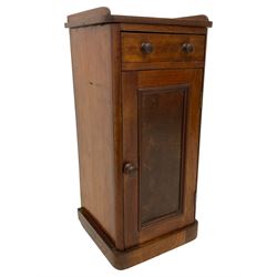 Victorian mahogany bedside cupboard, raised gallery top over single drawer and panelled cupboard, on plinth base