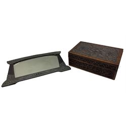 Early 20th century carved oak sewing box, with fitted interior, L38cm, together with an Arts & Crafts mirror (a/f)