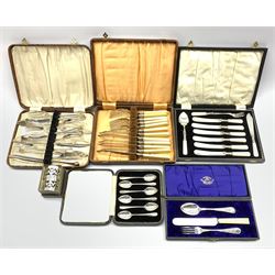 Five cased sets of cutlery to include a set of six teaspoons by Josiah Williams & Co, London, 1932, Christening set by Thomas Turner & Co., mother-of-pearl handled dessert set, two others and a pair of silver-plated serviette rings
