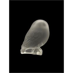 Lalique frosted glass model of an Owl, engraved Lalique France to base, H10cm 