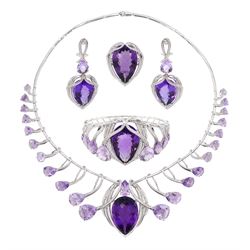 18ct white gold amethyst and diamond suite, comprising necklace, pair of pendant stud earrings and bracelet and ring, each with pear cut amethysts and round brilliant cut diamonds, stamped 750 