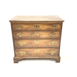George III oak chest, fitted with four long graduated cock beaded drawers and pierced brass pull handles, raised on shaped bracket supports, W87cm, H80cm, D49cm
