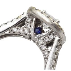 Vera Wang 'Love' 18ct white gold diamond and sapphire ring, princess cut diamond, with round brilliant cut diamond surround and diamond set shoulders, the gallery set with a single stone sapphire, hallmarked, total diamond weight 1.45 carat, boxed