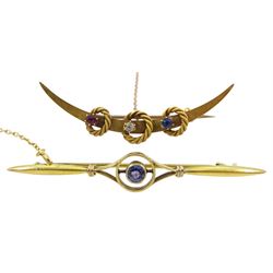 Early 20th century gold diamond and stone set half crescent brooch, stamped 15ct and a gold stone set brooch, stamped 9ct