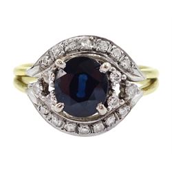 14ct gold oval cut sapphire and round brilliant cut diamond cluster ring, stamped