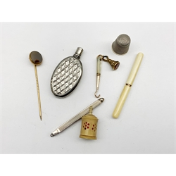 19th Century engraved silver perfume flask, fob seal, small glove button hook and toothpick etc