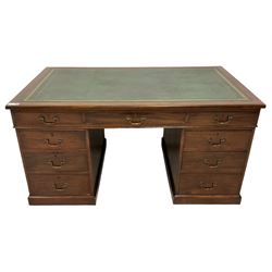 19th century mahogany twin pedestal desk, moulded rectangular top with green leather inset top, fitted with nine drawers, on plinth base