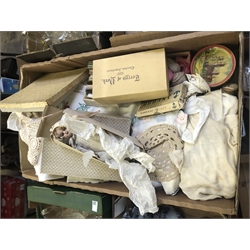 Box of Linen, Textiles and Sewing Materials
