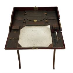 Edwardian mahogany campaign folding desk, with inlaid decoration, opening to reveal interior fitted for writing, raised on an 'X' frame