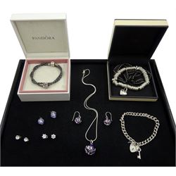 Silver amethyst and diamond pendant necklace and matching pair of earrings, Links of London 'sweetie' bracelet with heart charm, Pandora cord necklace with single charm, silver purple stud earrings and a silver curb link bracelet with heart and key clasp, all stamped or hallmarked