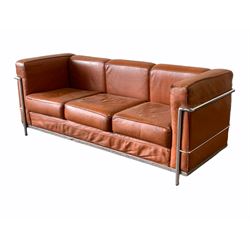 After Le Corbusier - 'LC2' design 20th century three seat sofa with chrome frame and brown leather upholstered arm rests and loose cushions, W177cm, H68cm, D70cm