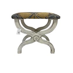 Curved x-frame stool in distressed white paint finish, upholstered in 