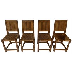 Yorkshire Oak - set four triple panelled back dining chairs, with woven lattice leather seats, on octagonal front supports joined by plain stretchers