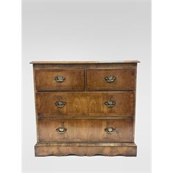 20th century Queen Anne style walnut chest, the cross banded top over two short and two long drawers, raised on bracket supports W82cm, H75cm, D44cm
