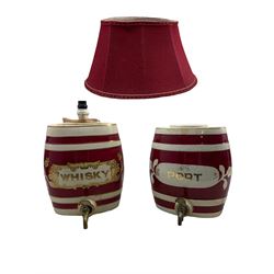 Port and Whisky pottery barrels with brass taps, H29cm