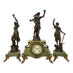 French - late 19th century green onyx 8-day clock garniture, rectangular stepped case with gilt mounts raised on scroll feet, pediment surmounted by a painted faux bronze figure of an angel, Parisian drum movement with an enamel dial, Arabic numerals, steel hands and minute track,  twin train countwheel striking movement, striking the hours and half hours on a bell. With conforming garni entitled Le travail and Le commerce. Garni Height 40cm