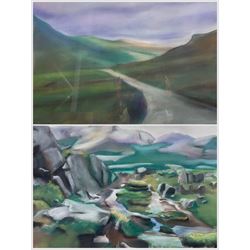 Martin J Popplewell (Northern British Contemporary): Road Between the Hills and A Mountain Stream, two oil pastels signed max 42cm x 60cm (2)