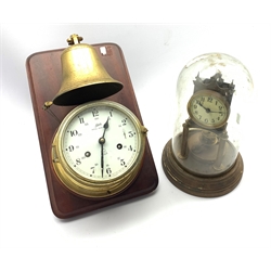  19th century brass anniversary clock with white enamel dial and Arabic chapter ring, under dome (H28cm) together with a 20th century brass cased bulkhead type wall clock, the white dial inscribed 'Shaltz, Royal Mariner' mounted on a walnut panel under bell, (H36cm)  
