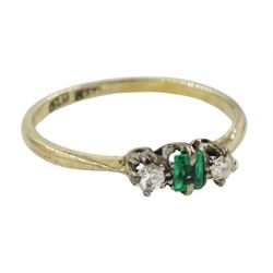 Early 20th century gold three stone emerald diamond ring, stamped 18ct Plat, boxed