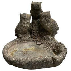 Composite birdbath with three perching owl figures