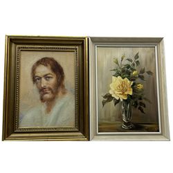 Continental School (mid 20th century): Portrait of Jesus, oil on canvas on board indistinctly signed and dated 1961; A Clarke (British 20th century): Still Life of Roses in Vase, oil on board signed max 40cm x 27cm (2)