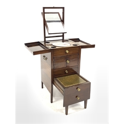 Late Georgian mahogany fold away wash stand, the top parting to reveal adjustable mirror and wash bowl, over cupboard, drawer and slide fitted with inset tooled leather surface, W46cm,H81cm, D46cm