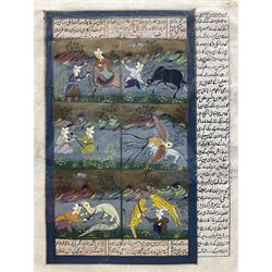 Persian School (18th/19th century): Tiger Hunting, illuminated leaf with Islamic text 28cm x 20cm; Rajasthani School (Early 20th century): Hunting and Riding Horses, pair paintings on silk 42cm x 30cm (3)