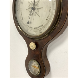 19th century wheel barometer by T Pini, Red Lion Square, London, with thermometer, hydrometer, mirror and spirit level in mahogany banjo pattern case with 20cm dial