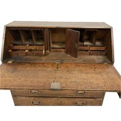 George III mahogany and oak bureau, mahogany banded fall-front enclosing fitted interior with cupboard, pigeonholes and correspondence drawers, above four graduating long drawers, lower moulded edge over bracket feet