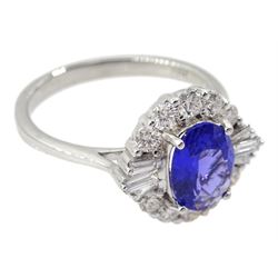 18ct white gold oval tanzanite, round and tapering baguette diamond cluster ring, stamped 750, tanzanite approx 1.30 carat, total diamond weight approx 0.60 carat
