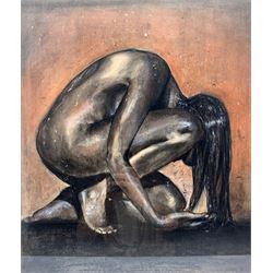 French School (Contemporary): 'Birth', Charcoal drawing of a nude female kneeling in the rain unsigned, titled verso 53cm x 38cm