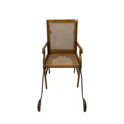 J. Alderman folding Sudan or invalid chair, satin birch frame with bergere seat and back panel, with plaque engraved with 'J. Alderman, Patentee and Manufacturer, 16 Soho Square, London'