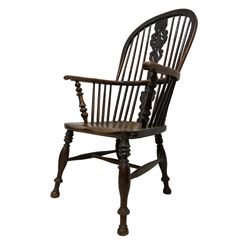 19th century oak and beech Windsor chair, high hoop and stick back with pierced splat over shaped saddle seat, raised on ring turned supports united by H-stretcher