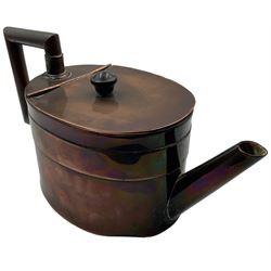 Christopher Dresser (1834-1904): Victorian copper teapot of oval cylincrical form with stylized spout and angular wooden handle, stamped Dr Dressers Design with registration lozenge mark for 1883, H13.5cm x W25cm 