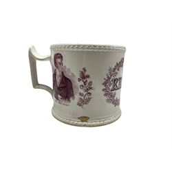 19th century Reform commemorative tankard, probably by Chetham & Robinson, printed in purple with a half portrait of Lord John Russel and reverse with Earl Grey, H12cm (a/f)