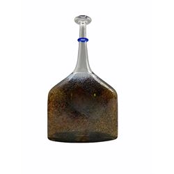 Bertil Vallien - Kosta Boda, satellite glass vase of compressed square form with bottle neck, with applied blue ring to neck, engraved signature, numbered 89253, H31cm