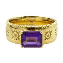 18ct gold single stone emerald cut amethyst ring by Lister Horsfall, hallmarked, boxed with receipt