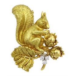 Cropp & Farr 18ct gold squirrel brooch, the acorn branch set with three round brilliant cut diamonds, London import mark 1970