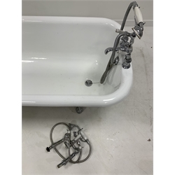 Victorian style enamelled cast iron roll top bath, with chrome plated Monoblock tap fitting, raised on shell cast cabriole supports, L173cm, H60cm, D79cm with additional tap fitting, 