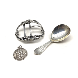 Victorian silver caddy spoon with engraved stem London 1878 Maker Henry Holland, silver medallion and a buckle