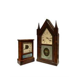 American - Two 19th century shelf clocks, one 30-hour with an alarm and another with an eight-day striking movement striking the hours on a gong. With pendulums.