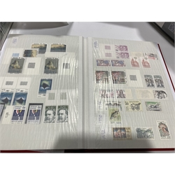 Two stock books of stamps, one containing World stamps collected around the theme of animals and birds, the other containing French stamps dating from the 1940s to the 1990s and a folder of first day covers and presentation packs 