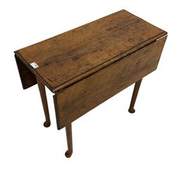 19th century oak gate-leg drop leaf table, rectangular top fitted with single fruitwood fronted frieze drawer, raised on tapering supports terminating in pad feet
