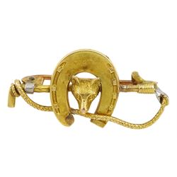 Early 20th century gold fox, horseshoe and riding crop brooch, stamped 15ct 