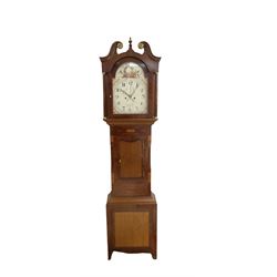 John Richardson of Bubwith (Nr Selby, Yorkshire) - 8-day oak and mahogany longcase clock c1820, with a swans neck pediment, brass patera and a turned wooden finial, break arch hood door, trunk with canted corners and a short curve topped door, on a square plinth with a recessed panel on shaped feet, painted dial with a depiction of fruit to the arch and geometric spandrels, Arabic numerals, calendar aperture and seconds dial, steel hands and brass seconds hand,  rack striking movement striking the hours on a cast bell. With weights and pendulum.